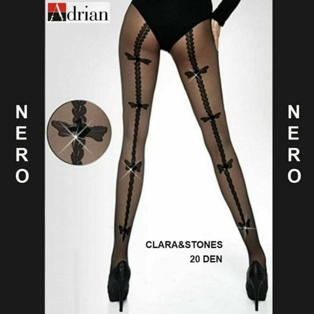 Rhinestone Tights Bow Patterned Sheer 20 Den Black